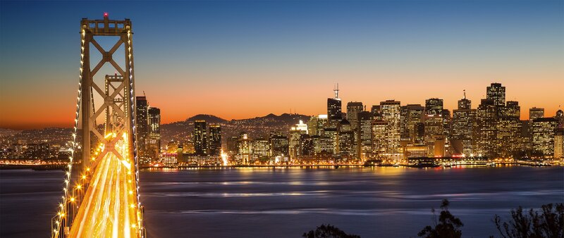 San Francisco Skyline — Blue, Dramatic, Sunset, Photograph, Bay Bridge