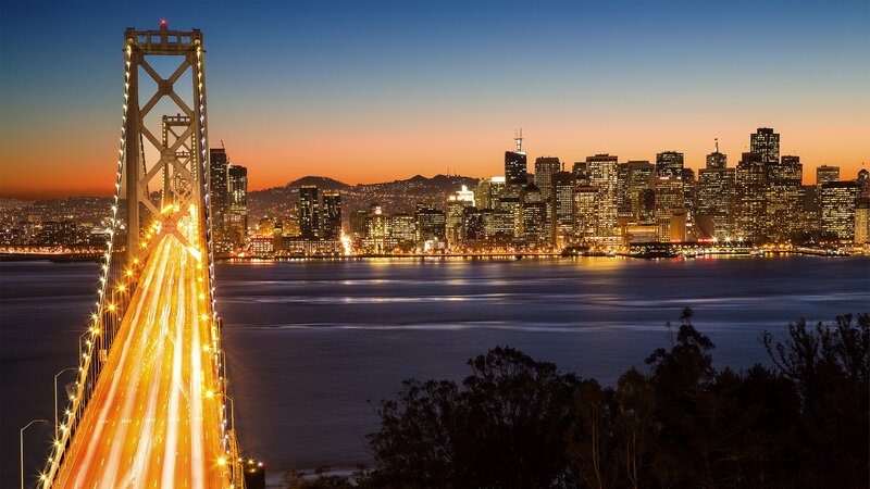 San Francisco Skyline — Blue, Dramatic, Sunset, Photograph, Bridge, Cityscape