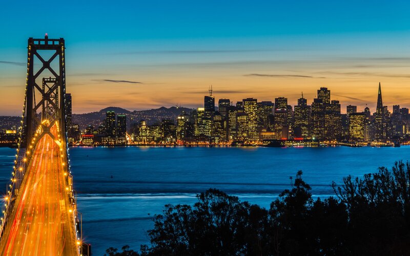 San Francisco Skyline — Blue, Dramatic, Sunset, Photograph, Bridge