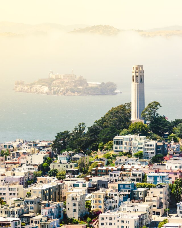 San Francisco Skyline — Blue, Hazy, Morning, Photograph, Coit Tower