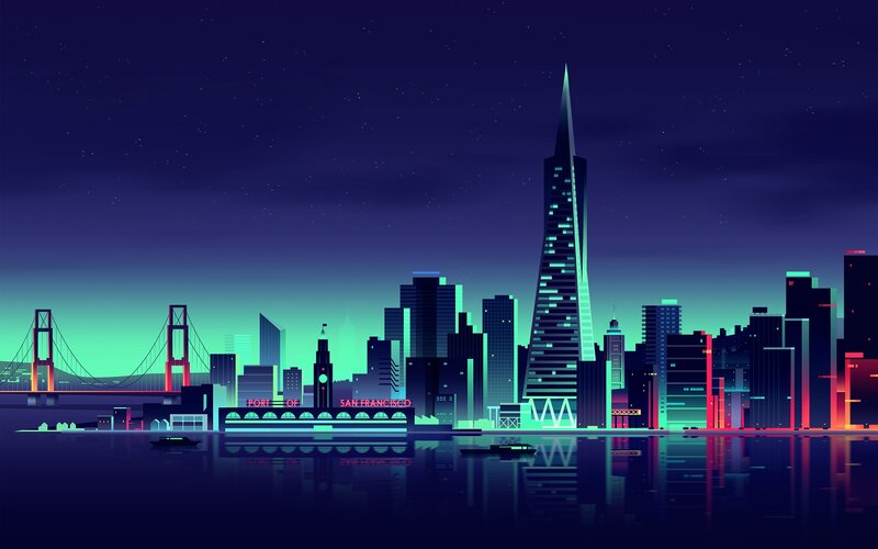 San Francisco Skyline — Blue, Serene, Night, Digital Art