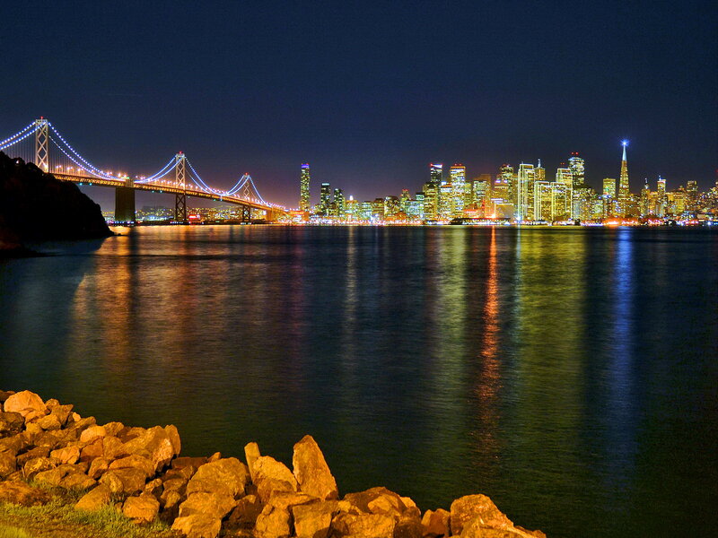 San Francisco Skyline — Blue, Serene, Night, Photograph, Bay Bridge, Cityscape