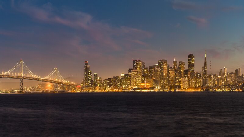 San Francisco Skyline — Blue, Serene, Night, Photograph, Bay Bridge, Skyscrapers