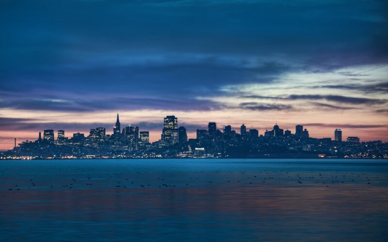 San Francisco Skyline — Blue, Serene, Night, Photograph, Bay, Clouds, Purple