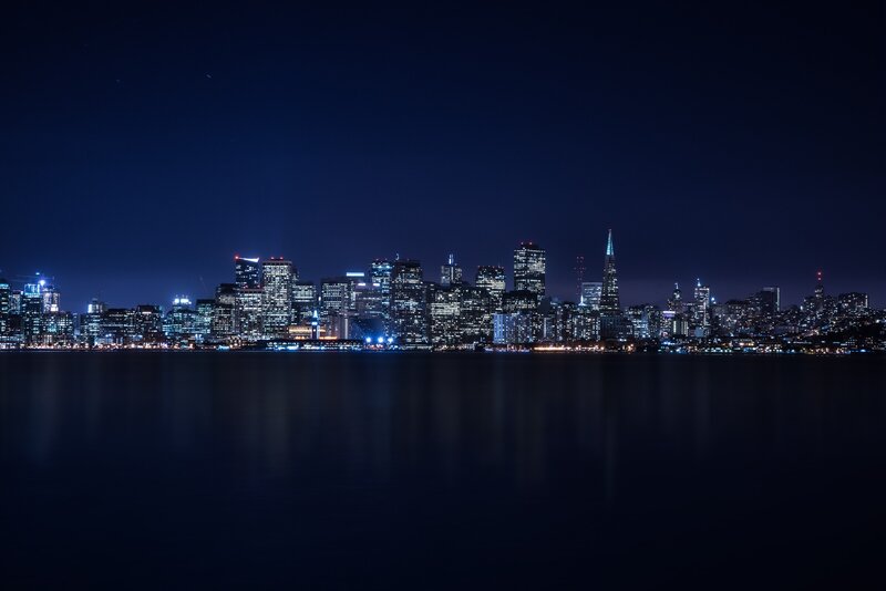San Francisco Skyline — Blue, Serene, Night, Photograph, Buildings, Water, Night Sky