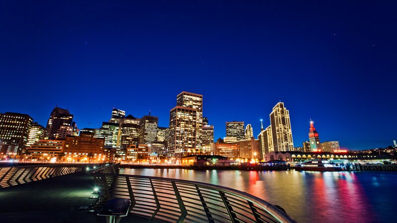 San Francisco Skyline — Blue, Serene, Night, Photograph, Buildings, Water, Sky, Bridge