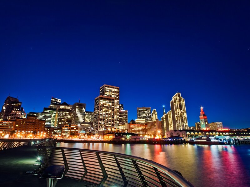 San Francisco Skyline — Blue, Serene, Night, Photograph, Buildings, Water