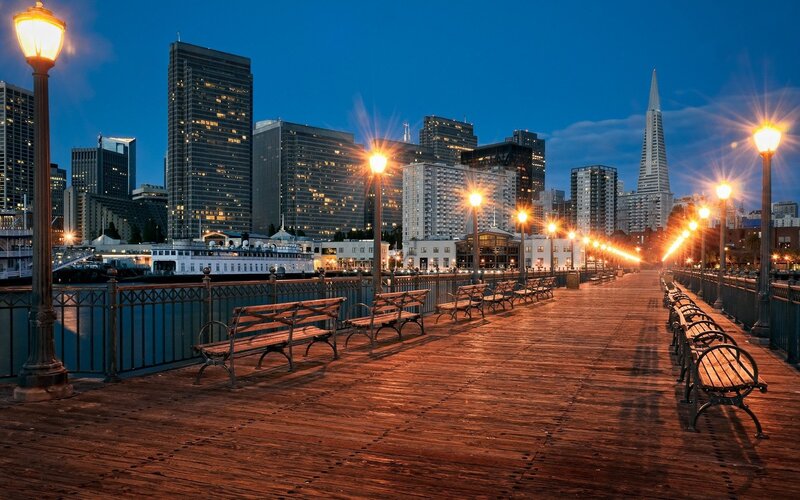 San Francisco Skyline — Blue, Serene, Night, Photograph, Pier, Benches