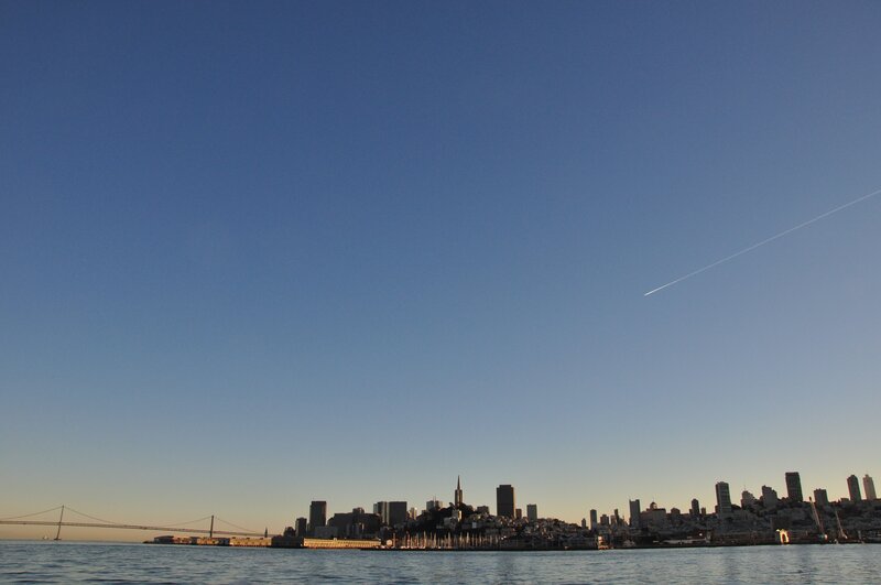San Francisco Skyline — Blue, Serene, Sunset, Photograph, Bridge, Airplane Contrail