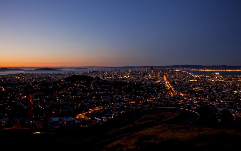 San Francisco Skyline — Blue, Serene, Sunset, Photograph, City Lights