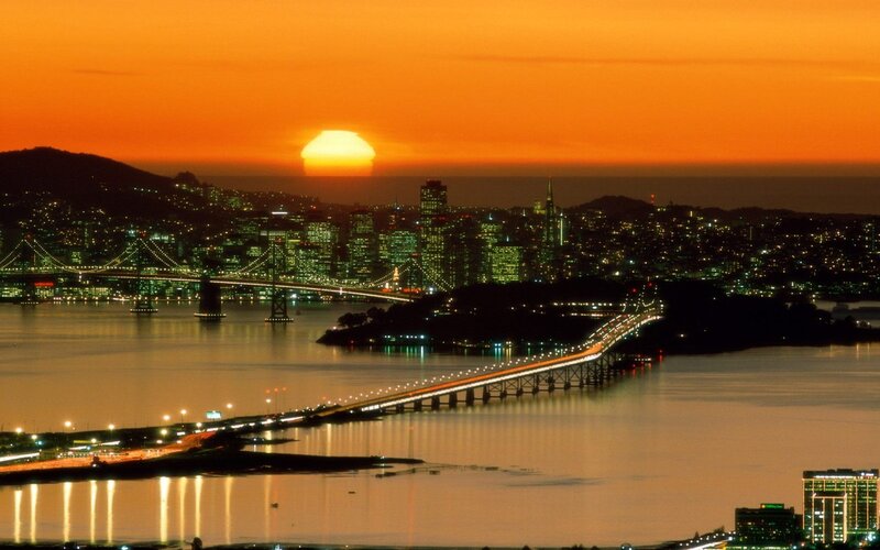 San Francisco Skyline — Orange, Dramatic, Sunset, Photograph, Bridges