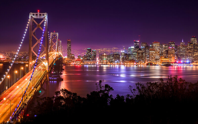 San Francisco Skyline — Purple, Dramatic, Night, Photograph, Bay Bridge