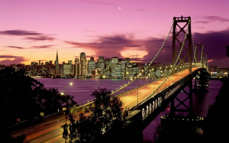 San Francisco Skyline — Purple, Dramatic, Night, Photograph, Bridge, Cityscape, Moon, Pink