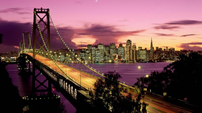 San Francisco Skyline — Purple, Dramatic, Night, Photograph, Bridge