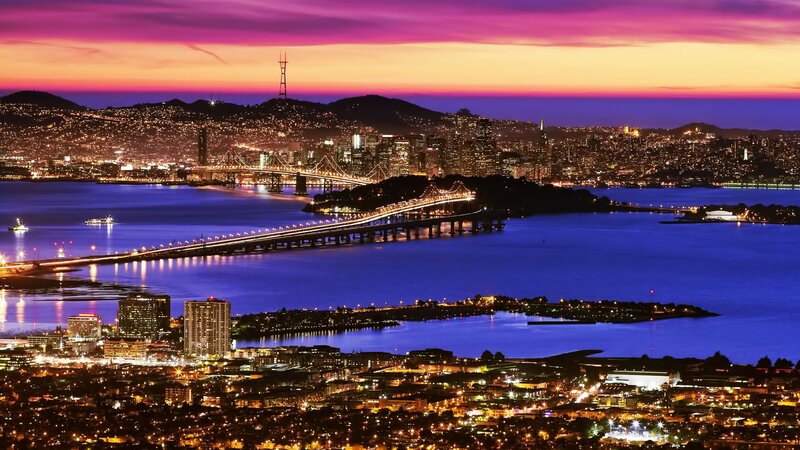 San Francisco Skyline — Purple, Dramatic, Night, Photograph, Bridges