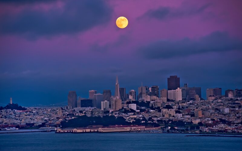San Francisco Skyline — Purple, Dramatic, Night, Photograph, Moon, Cityscape, Bay