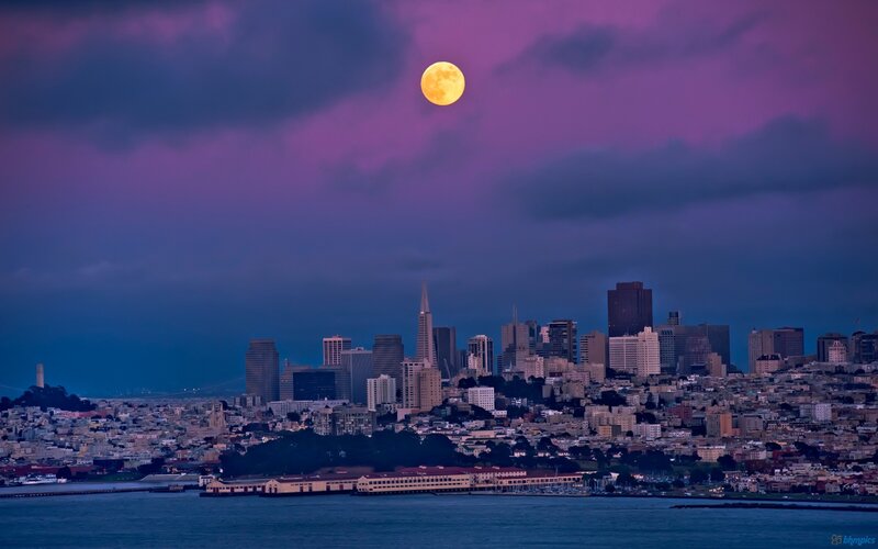 San Francisco Skyline — Purple, Dramatic, Night, Photograph, Moon
