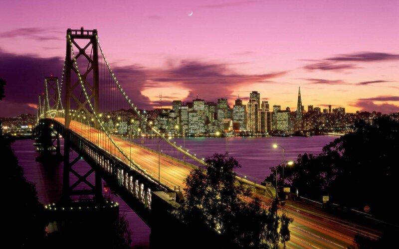 San Francisco Skyline — Purple, Dramatic, Sunset, Photograph, Bay Bridge, Cityscape, Moon