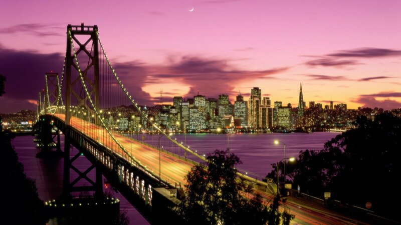 San Francisco Skyline — Purple, Dramatic, Sunset, Photograph, Bridge, Cityscape, Moon, Pink