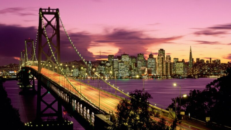 San Francisco Skyline — Purple, Dramatic, Sunset, Photograph, Bridge, Cityscape