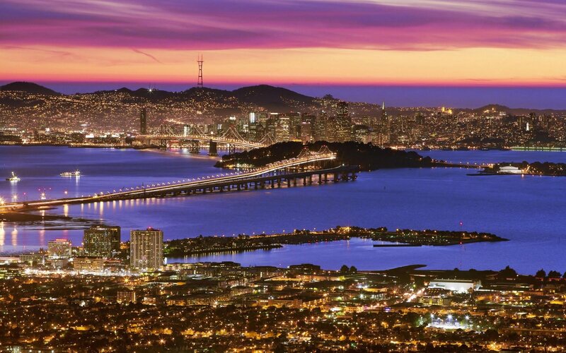 San Francisco Skyline — Purple, Dramatic, Sunset, Photograph, Bridges