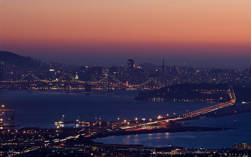 San Francisco Skyline — Purple, Serene, Night, Photograph, Bridges