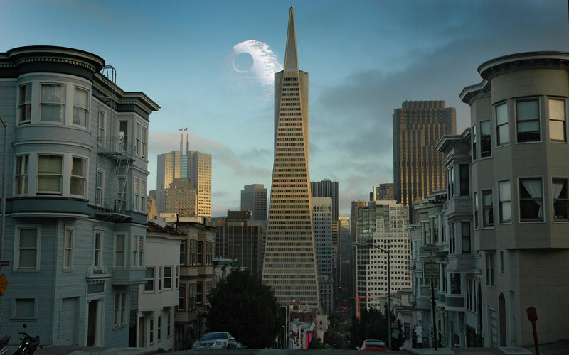 San Francisco skyline with Death Star