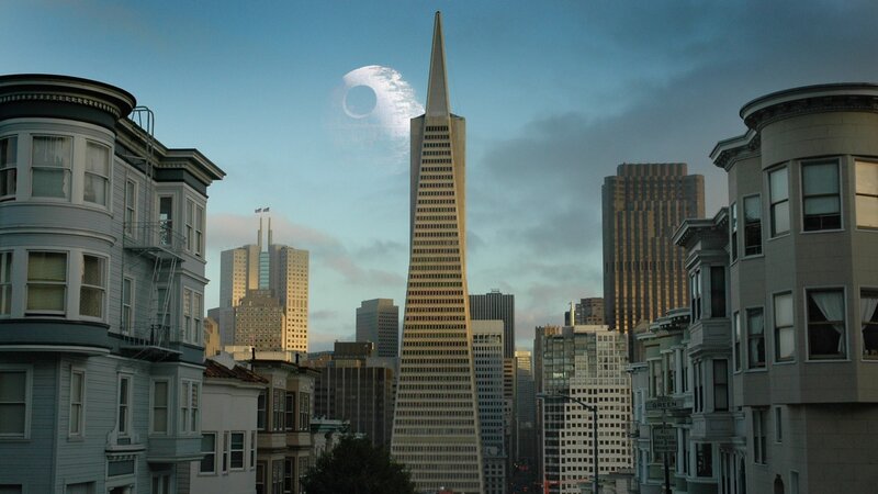 San Francisco skyline with Death Star