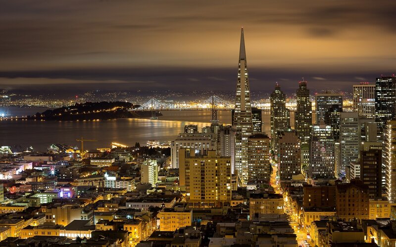 San Francisco Skyline — Yellow, Dramatic, Night, Photograph, Skyscraper