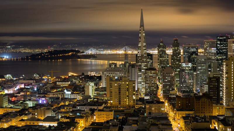 San Francisco Skyline — Yellow, Dramatic, Night, Photograph