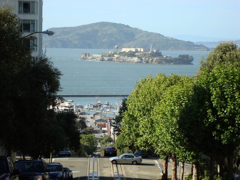San Francisco street view with Alcatraz