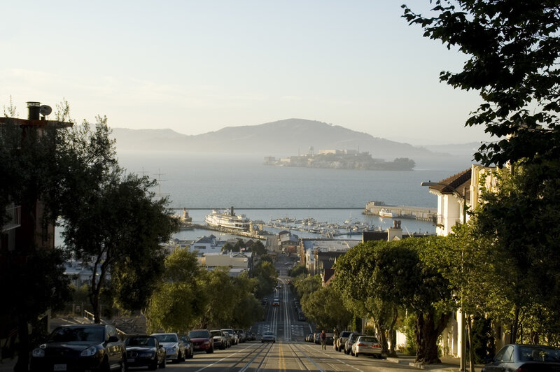 San Francisco street view with Alcatraz