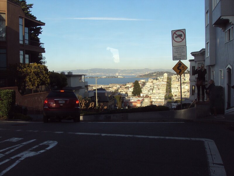 San Francisco street view with bay