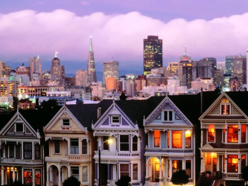 San Francisco Victorian homes at dusk