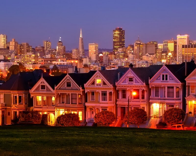 San Francisco Victorian houses at dusk