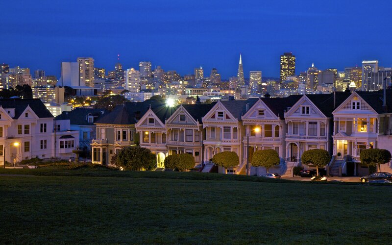 San Francisco Victorian houses at dusk