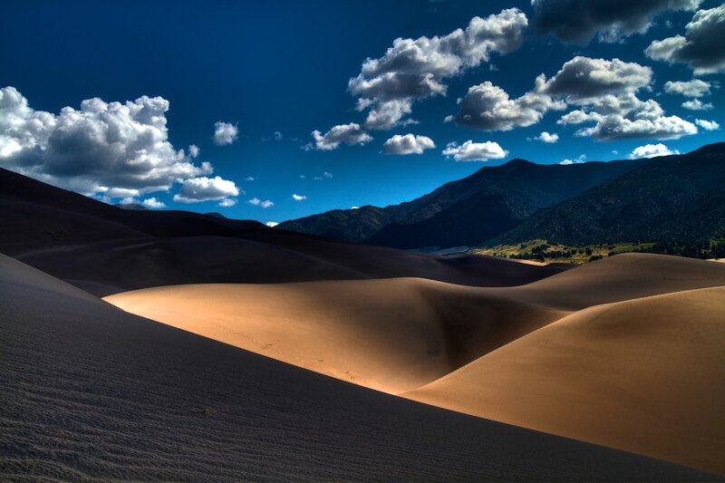 Sand Dunes and Mountains — Blue, Dramatic, Afternoon, Photograph