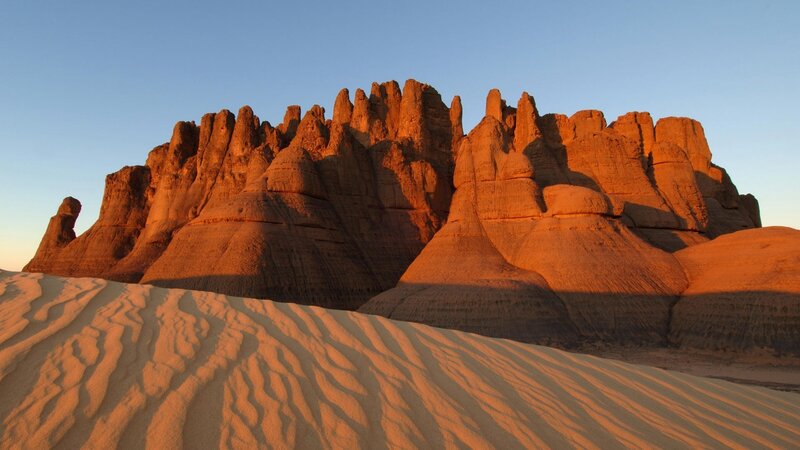 Sand Dunes and Rock Formations — Orange, Serene, Sunset