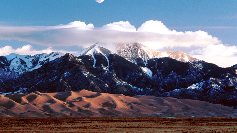 Sand Dunes and Snow-capped Mountains — Blue, Serene