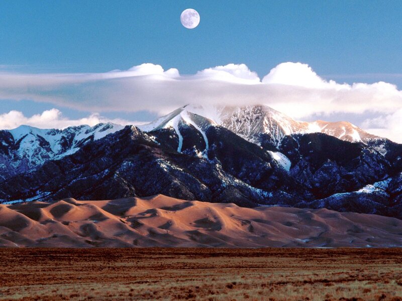 Sand Dunes and Snow-capped Mountains — Blue