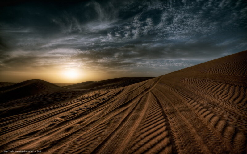 Sand Dunes at Sunset — Brown, Dramatic, Photograph, Clouds, Tracks
