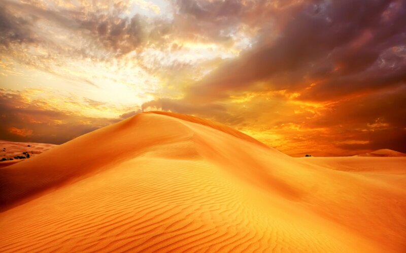 Sand Dunes at Sunset — Orange, Dramatic, Photograph, Sky, Clouds, Desert