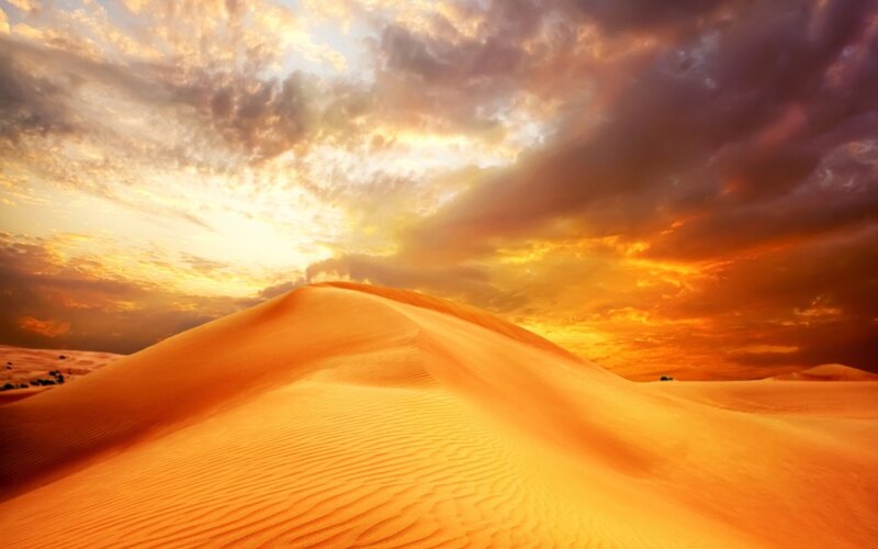 Sand Dunes at Sunset — Orange, Dramatic, Photograph, Sky, Clouds, Desert, Yellow