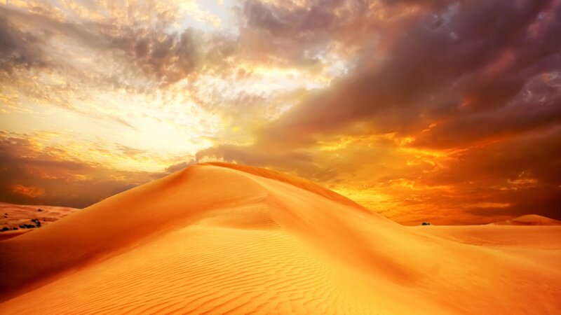 Sand Dunes at Sunset — Orange, Dramatic, Photograph, Sky, Clouds