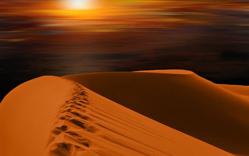 Sand Dunes at Sunset — Orange, Dramatic, Photograph, Sky, Footprints