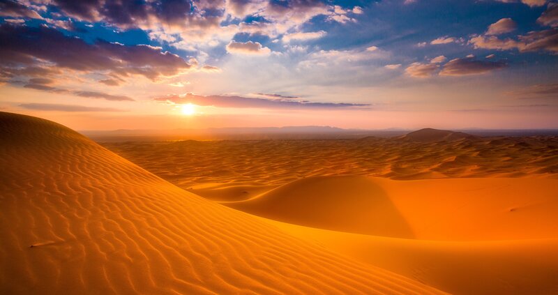 Sand Dunes at Sunset — Orange, Dramatic, Photograph, Sun, Clouds