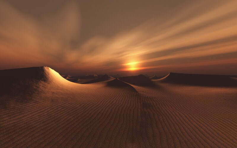 Sand Dunes at Sunset — Orange, Serene, 3d Render, Sun, Sky
