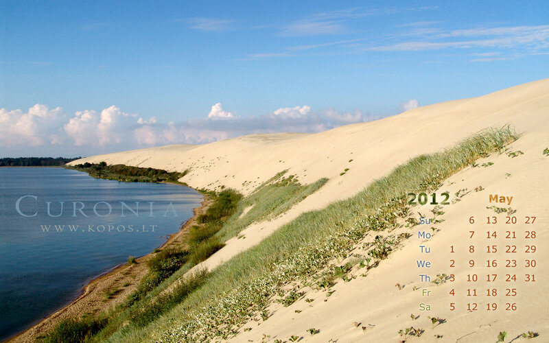 Sand Dunes by Lake — Blue, Serene, Afternoon, Photograph, Sky