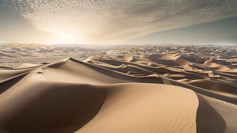 Sand Dunes in Desert — Beige, Serene, Sunrise, Photograph, Sky