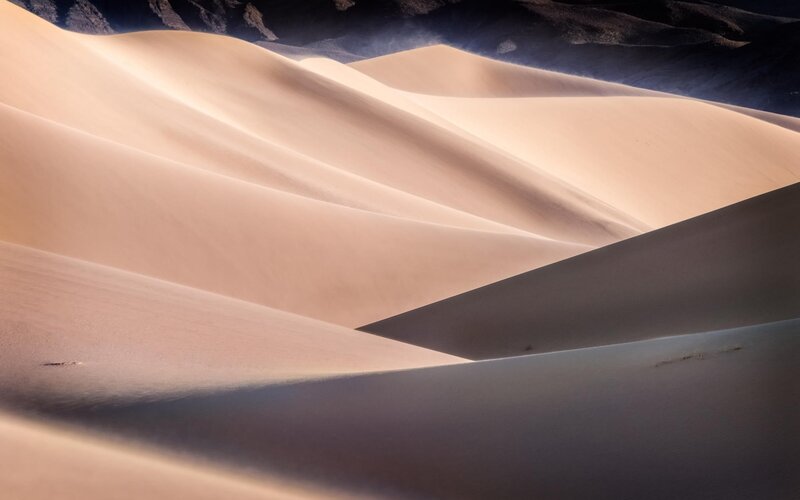 Sand Dunes in Desert — Beige, Serene, Sunset, Photograph, Mountains, Shadows